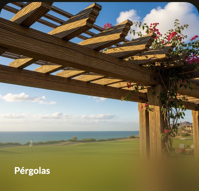 Pérgola de fibra de vidrio con apariencia de madera frente al mar
