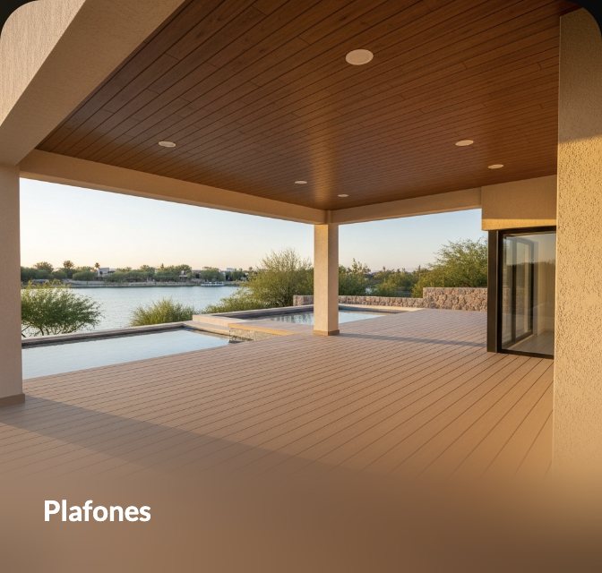 Plafón de fibra de vidrio con apariencia de madera en terraza con alberca